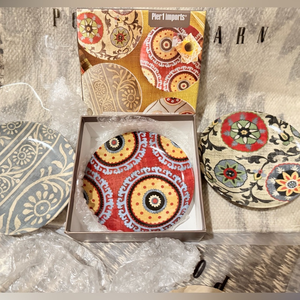 New Pier 1 Porcelain Paisley Boho Appetizer Plates, S/4, 6”D